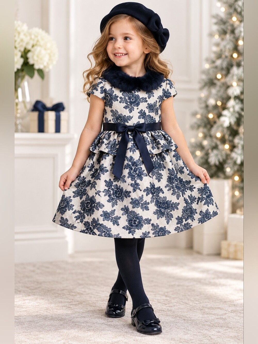 US Angels Girls Navy Floral Brocade Party Dress 4T